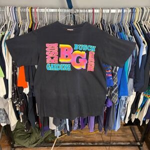 Vintage 90s Busch Gardens T Shirt Black Neon Graphic Made in USA Tee Jays Large